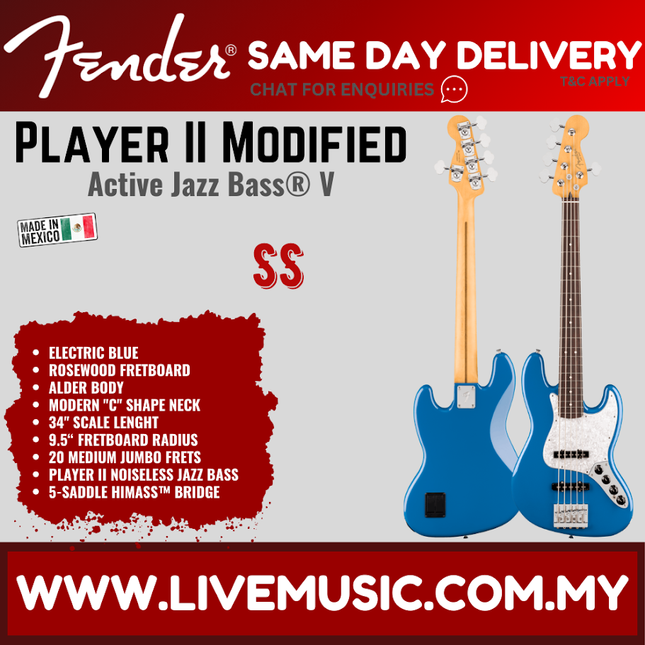 Fender Player II Modified Active Jazz Bass V Guitar, RW FB, Electric Blue