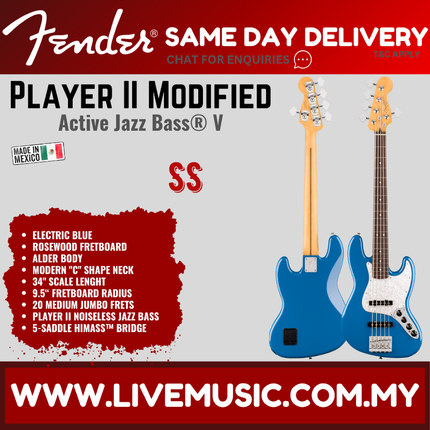 Fender Player II Modified Active Jazz Bass V Guitar, RW FB, Electric Blue
