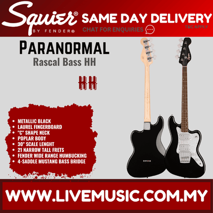 Squier Paranormal Rascal Bass HH Guitar, Laurel FB, Metallic Black