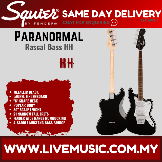Squier Paranormal Rascal Bass HH Guitar, Laurel FB, Metallic Black