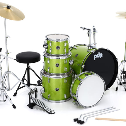 PDP Center Stage 5-piece Complete Drum Set with Hardware, Stool and Cymbal - Electric Green Sparkle ( PDCE2015KT )