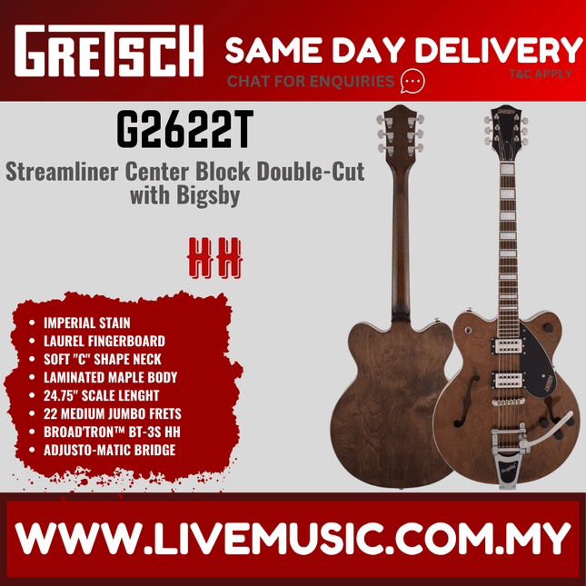Gretsch G2622T Streamliner Center Block Double-Cut Electric Guitar w/Bigsby, Imperial Stain