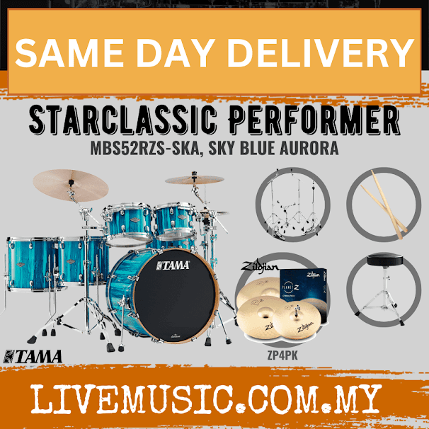 5-piece drum set with cymbals, sky blue shells and black bass drum