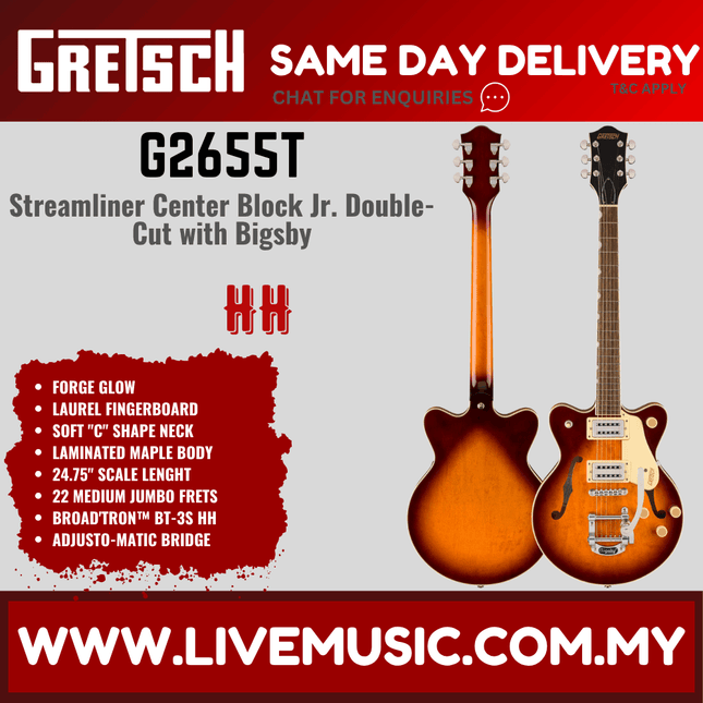 Gretsch G2655T Streamliner Center Block Jr. Double-Cut Electric Guitar w/Bigsby, Forge Glow