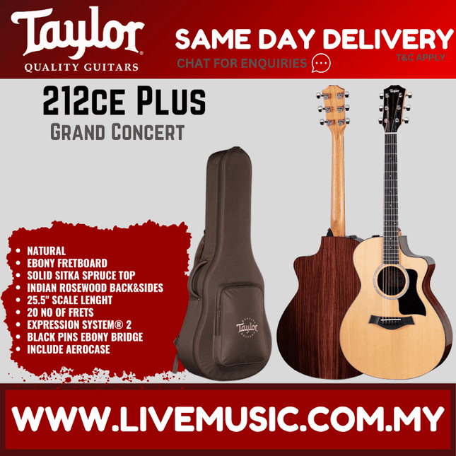 Taylor 212ce Plus grand concert acoustic guitar, natural with ebony fretboard, includes case