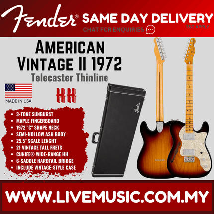 Fender American Vintage II 72 Telecaster Thinline Electric Guitar, Maple FB, 3-Tone Sunburst