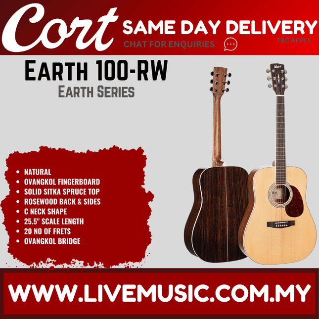 Cort Earth 100-RW (Rosewood) Natural Acoustic Guitar - Open Pure ( Earth100 RW / Earth100RW )