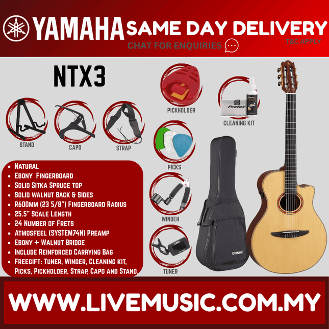 Yamaha NTX3 Natural 6 String Acoustic Electric Classical Guitar With Atmosfeel Electronic Pickup ( NTX 3 )