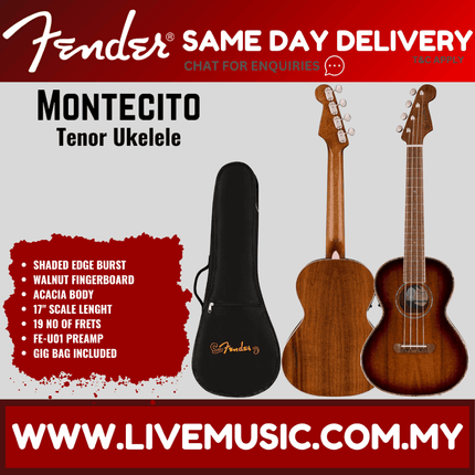 Fender Montecito Tenor Acoustic-Electric Ukulele w/Bag, Walnut FB, Shaded Edge Burst