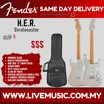 Fender H.E.R. Stratocaster Electric Guitar, Maple FB, Chrome Glow