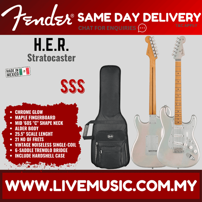 Fender H.E.R. Stratocaster Electric Guitar, Maple FB, Chrome Glow