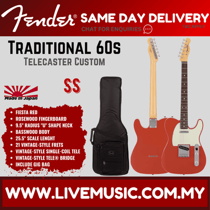 Fender Japan Traditional 60s Telecaster Custom Electric Guitar, RW FB, Fiesta Red