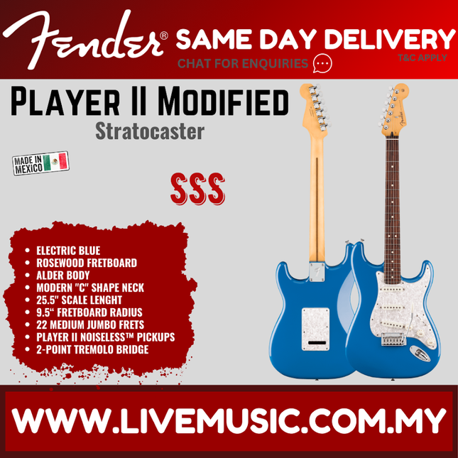 Fender Player II Modified Stratocaster Electric Guitar, RW FB, Electric Blue