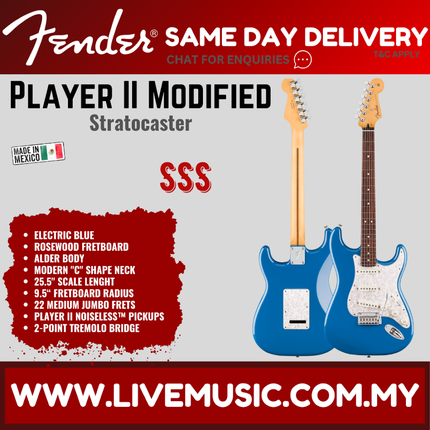 Fender Player II Modified Stratocaster Electric Guitar, RW FB, Electric Blue