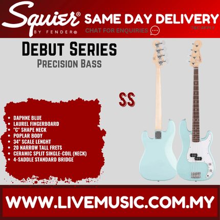 Squier Debut Series Precision Bass Guitar, Laurel FB, Daphne Blue