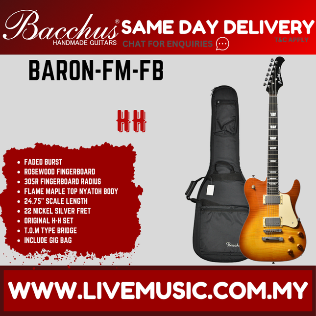 Bacchus BARON-FM-FB Global Series Electric Guitar w/ Bag, Rosewood Fingerboard - Faded Burst ( BARONFM / BARON FM )