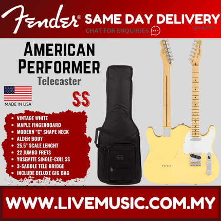 Fender American Performer Telecaster Electric Guitar, Maple FB, Vintage White