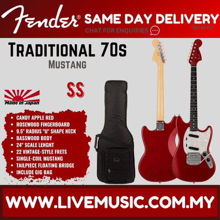 Fender Japan Traditional 70s Mustang Electric Guitar, RW FB, Candy Apple Red