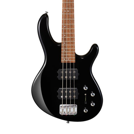 Black 4-string electric bass guitar with dual humbucker pickups