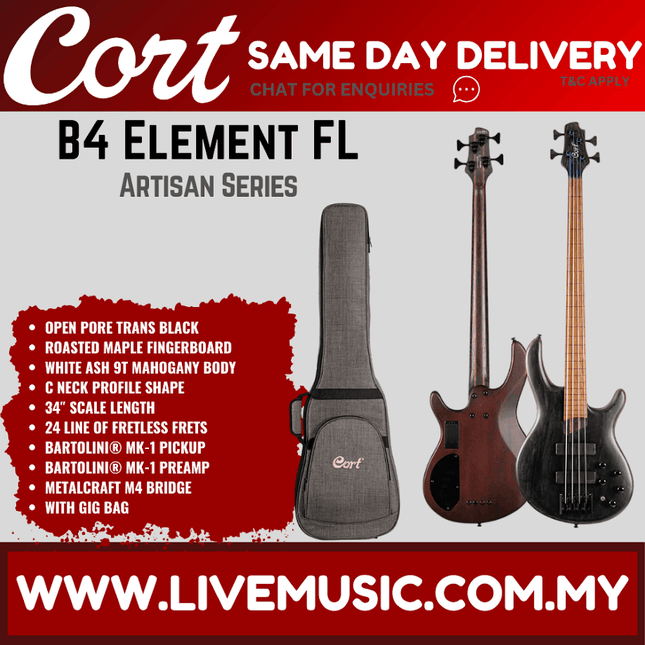 Cort Artisan B4 Element FL OPTB Electric Bass Guitar, Roasted Maple w/ Gigbag - Open Pore Trans Black