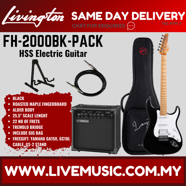 Livingston FH-2000-Pack Stratocaster HSS Electric Guitar w/GA15II Amplifier, Roasted Maple Fretboard - ( FH2000 FH 2000 )