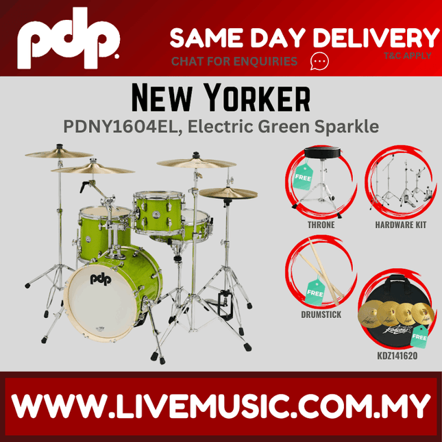 PDP New Yorker PDNY1604EL  4-piece Shell Pack With Cymbals - Electric Green Sparkle ( PDNY1604EL / PDNY1604 )