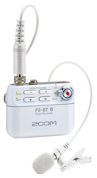 White Zoom F2-BT field recorder with lavalier microphone and white cable
