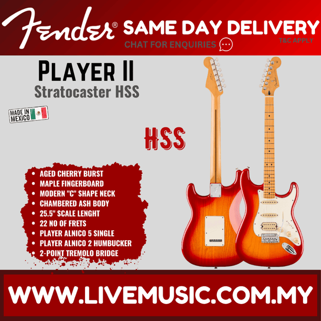 Fender Player II Stratocaster HSS Electric Guitar, Maple FB, Transparent Mocha Burst / Aged Cherry Burst