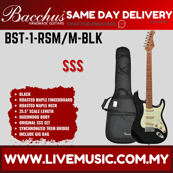 Black electric guitar with roasted maple neck, Universe Series, in hard case