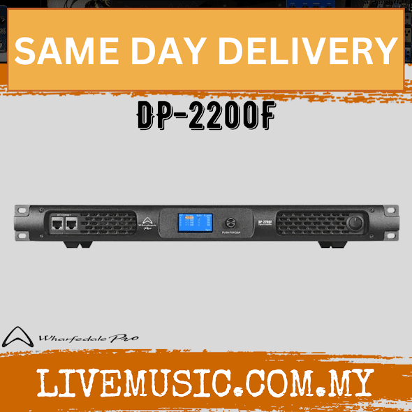 Dual-channel power amplifier front panel with DP-2200F display and controls