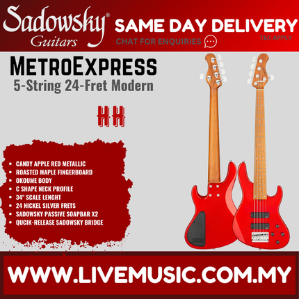 Sadowsky MetroExpress 24-Fret Modern 5-String Bass, Roasted Maple FB, Candy Apple Red Metallic