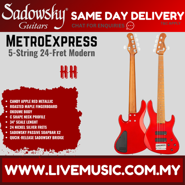 Sadowsky MetroExpress 24-Fret Modern 5-String Bass, Roasted Maple FB, Candy Apple Red Metallic