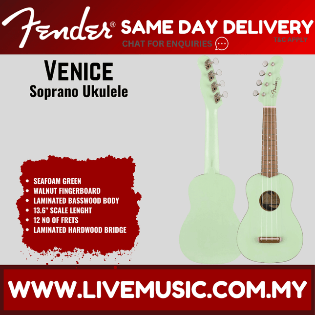 Seafoam green soprano ukulele with walnut fretboard and hard bridge.