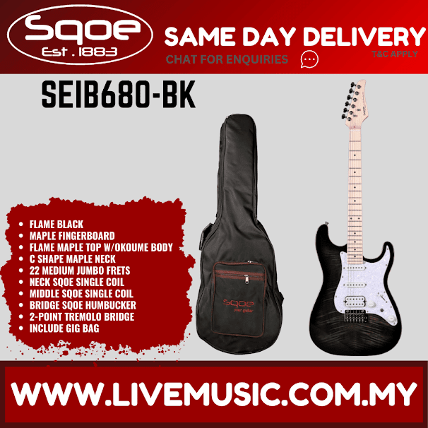 SQOE SEIB680 HSS Flame Maple Top  Electric Guitar w/Gig Bag, Maple FB - Flame Black ( SEIB-680 / SEIB 680 )