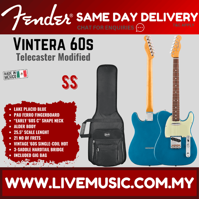 Fender Vintera 60s Telecaster Modified Electric Guitar, Pau Ferro FB, Lake Placid Blue