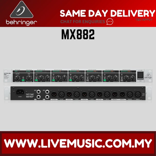 Behringer MX882 rackmount mixer/splitter front panel with multiple controls and outputs