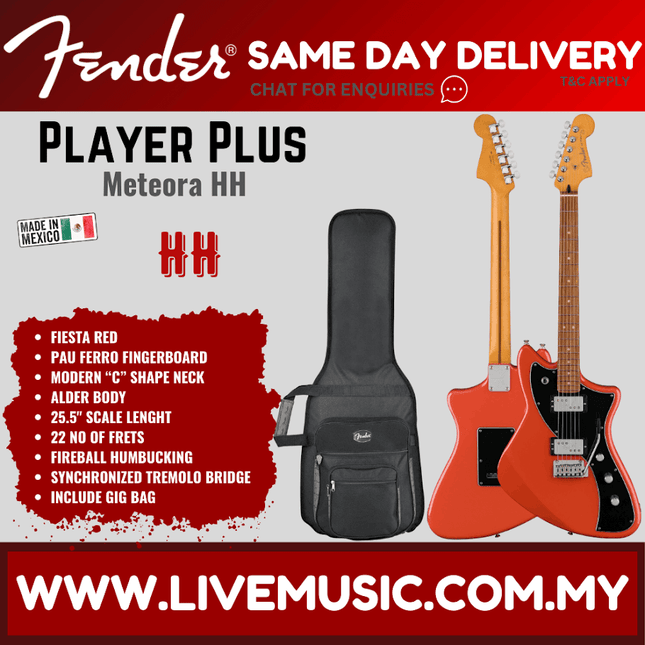 Fender Player Plus Meteora HH Electric Guitar, Pau Ferro FB, Fiesta Red