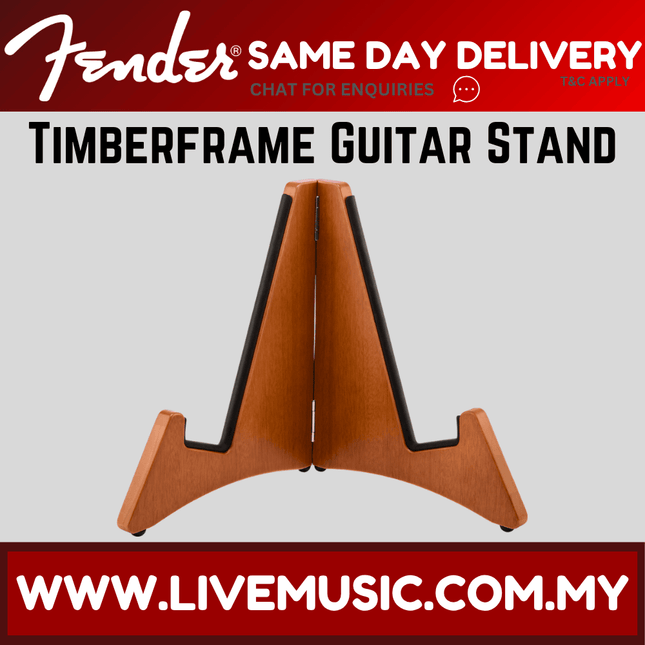 Timberframe electric guitar stand with natural wood finish and three-point cradle