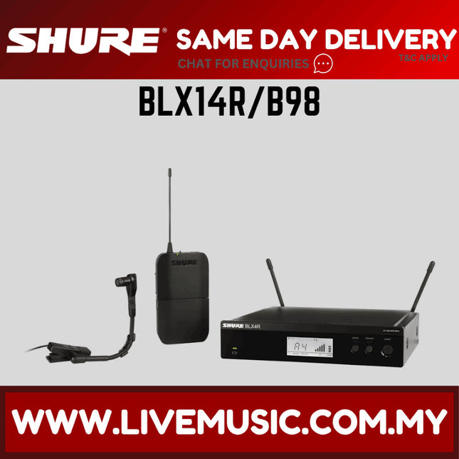 Shure BLX14R/B98 Instrument Wireless System, BLX4R Wireless Receiver, BLX1 Bodypack Transmitter & WB98H/C BETA 98 Clip-On Condenser Microphone  ( BLX14R B98 / BLX14R-B98 )