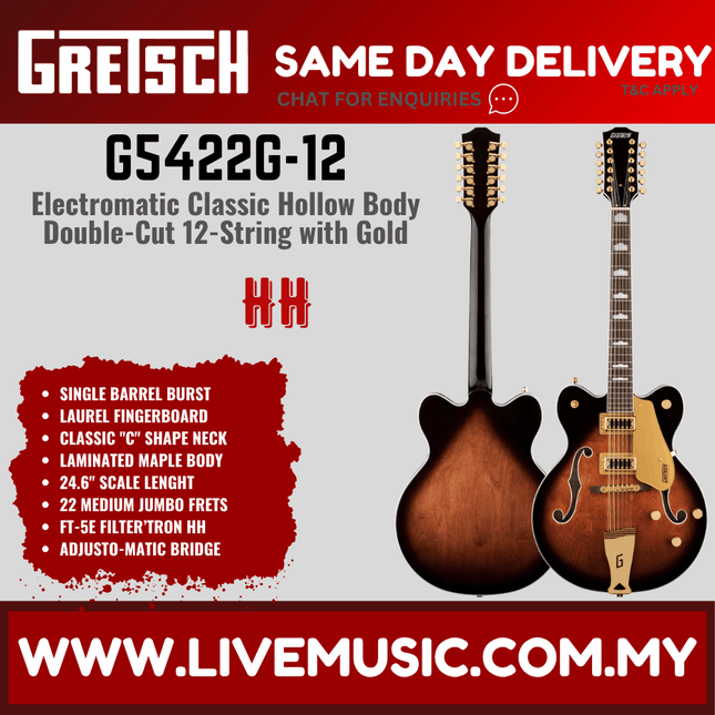 Gretsch G5422G-12 Electromatic Classic Hollow Body Double-Cut 12-String Guitar, Single Barrel Burst