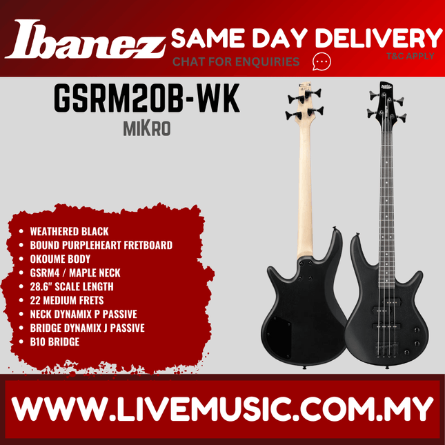 Ibanez GSRM20B MiKro Solid Body Bass Guitar Rosewood Fretboard - Walnut Flat / Weathered Black (GSRM20B-WK GSRM20B-WNF)