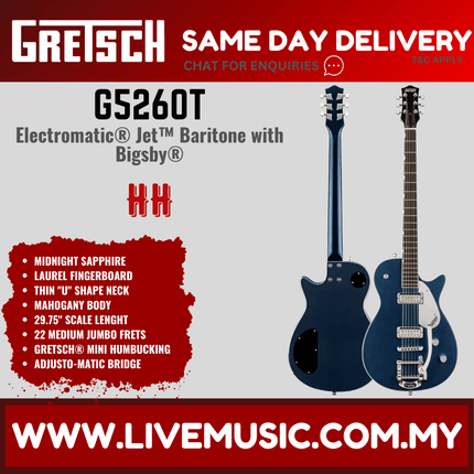Gretsch G5260T Electromatic Jet Baritone Bigsby Electric Guitar, Midnight Sapphire