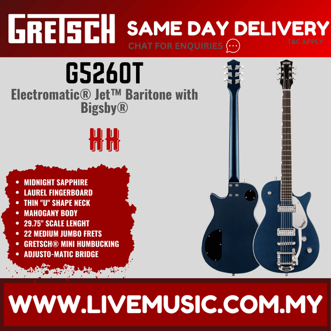 Gretsch G5260T Electromatic Jet Baritone Bigsby Electric Guitar, Midnight Sapphire