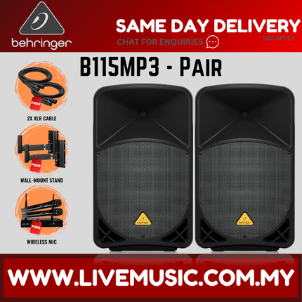 Behringer Eurolive B115MP3 1000W 15"Powered Speaker w/Wireless Mic,Speaker Stand & Cable - Each/Pair (B-115MP3 B 115MP3)