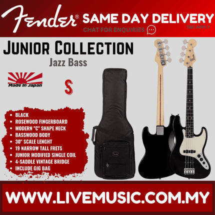 Fender Japan Junior Collection Jazz Bass Guitar, RW FB, Black