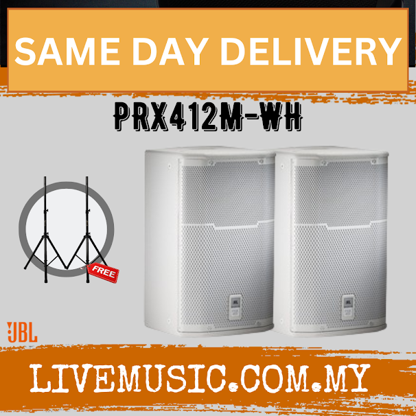 JBL 12-inch passive PA speaker pair, white cabinets with front grilles