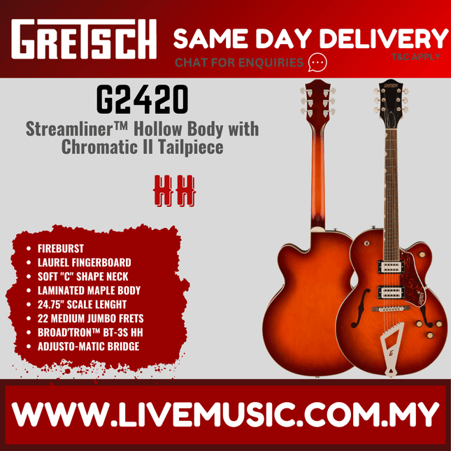 Gretsch G2420 Streamliner Hollowbody Electric Guitar w/Chromatic II Tailpiece, Fireburst