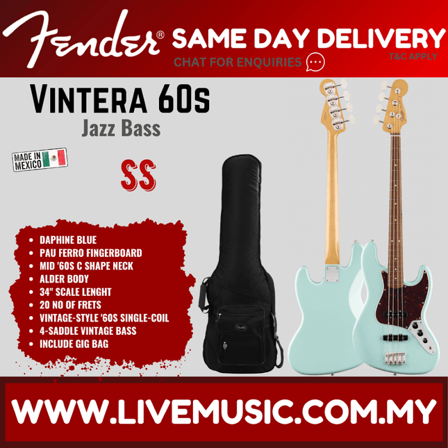 Fender Vintera 60s Jazz Bass Guitar, Pau Ferro Fretboard with Gig Bag - Daphne Blue