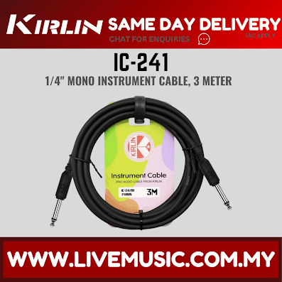 Kirlin Cable IC-241 Mono Instrument Cable For Electric Acoustic Bass Guitar Speaker Amp Keyboard Drum Amplifier - Black (IC 241/IC241)