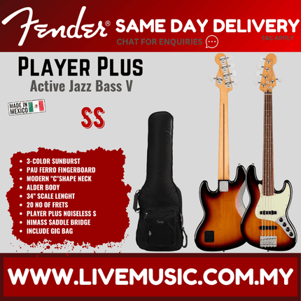 Fender Player Plus Jazz Bass V Guitar, Pau Ferro Fretboard - 3-Color Sunburst